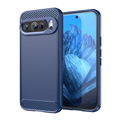 Google Pixel 9 / Pixel 9 Pro Hoesje - MobyDefend TPU Backcover - Geborstelde Metaal &amp; Carbon-Look - Blauw