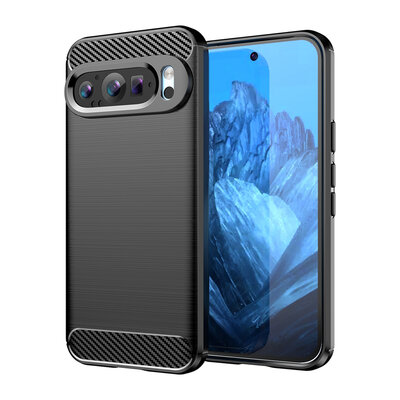 Google Pixel 9 / Pixel 9 Pro Hoesje - MobyDefend TPU Backcover - Geborstelde Metaal &amp; Carbon-Look - Zwart