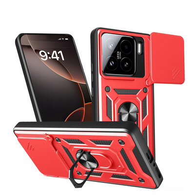 Xiaomi 15 Hoesje - MobyDefend Pantsercase Met Draaibare Ring - Rood