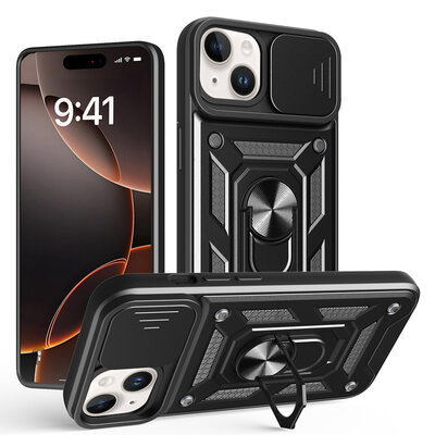 iPhone 16e Hoesje - MobyDefend Pantsercase Met Draaibare Ring - Zwart