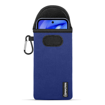 Hoesje voor Google Pixel 9a - MobyDefend Neopreen Pouch Met Karabijnhaak - Insteekhoesje - Riemlus Hoesje - Blauw