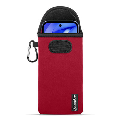 Hoesje voor Google Pixel 9a - MobyDefend Neopreen Pouch Met Karabijnhaak - Insteekhoesje - Riemlus Hoesje - Rood