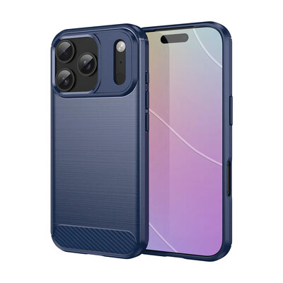 iPhone 17 Pro Hoesje - MobyDefend TPU Backcover - Geborstelde Metaal &amp; Carbon-Look - Blauw
