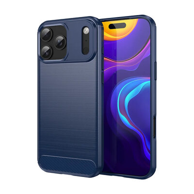 iPhone 17 Pro Max Hoesje - MobyDefend TPU Backcover - Geborstelde Metaal &amp; Carbon-Look - Blauw