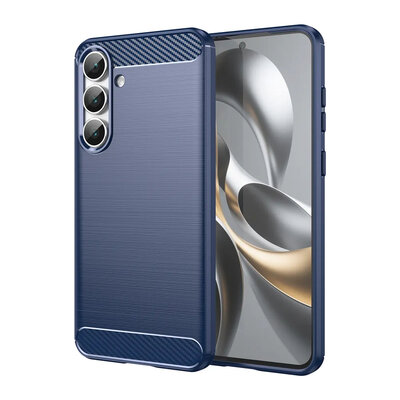 Samsung Galaxy S25 FE Hoesje - MobyDefend TPU Backcover - Geborstelde Metaal &amp; Carbon-Look - Blauw