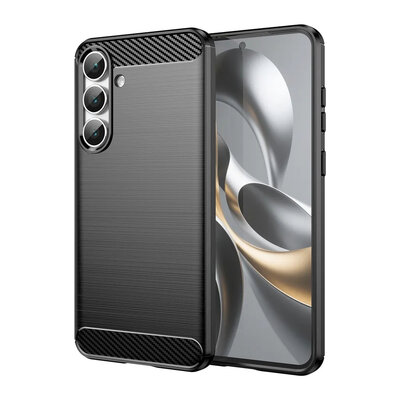 Samsung Galaxy S25 FE Hoesje - MobyDefend TPU Backcover - Geborstelde Metaal &amp; Carbon-Look - Zwart