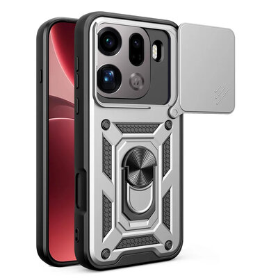 Oppo Find X9 Pro Hoesje - MobyDefend Pantsercase Met Draaibare Ring - Zilvergrijs