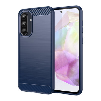 Samsung Galaxy A37 Hoesje - MobyDefend TPU Backcover - Geborstelde Metaal &amp; Carbon-Look - Blauw