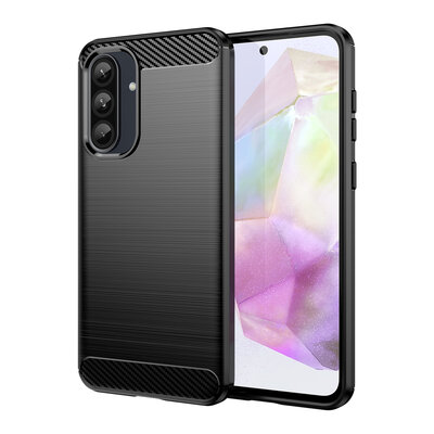 Samsung Galaxy A37 Hoesje - MobyDefend TPU Backcover - Geborstelde Metaal &amp; Carbon-Look - Zwart