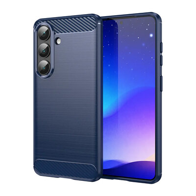 Samsung Galaxy S26 Hoesje - MobyDefend TPU Backcover - Geborstelde Metaal &amp; Carbon-Look - Blauw