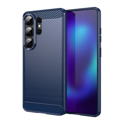 Samsung Galaxy S26 Ultra Hoesje - MobyDefend TPU Backcover - Geborstelde Metaal &amp; Carbon-Look - Blauw