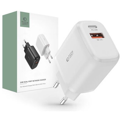 Tech-Protect Wall charger - Oplader met 1 USB-A en 1 USB-C poort -20W - Quick Charge 3.0 - Wit