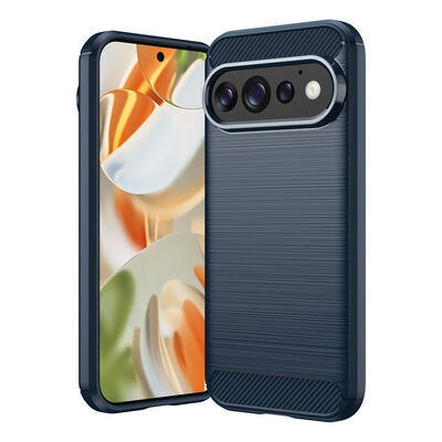 Google Pixel 11 Hoesje - MobyDefend TPU Backcover - Geborstelde Metaal &amp; Carbon-Look - Blauw