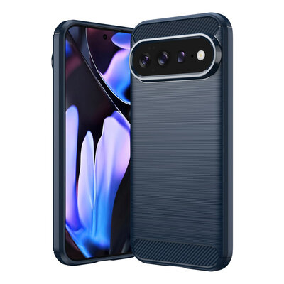 Google Pixel 11 Pro XL Hoesje - MobyDefend TPU Backcover - Geborstelde Metaal &amp; Carbon-Look - Blauw