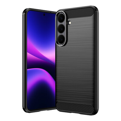 Samsung Galaxy S26 FE Hoesje - MobyDefend TPU Backcover - Geborstelde Metaal &amp; Carbon-Look - Zwart
