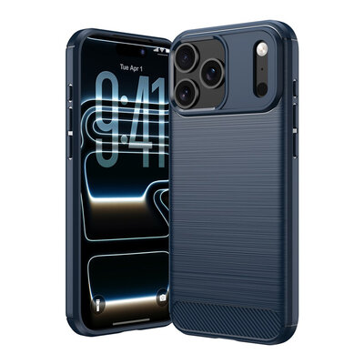 iPhone 18 Pro Max Hoesje - MobyDefend TPU Backcover - Geborstelde Metaal &amp; Carbon-Look - Blauw