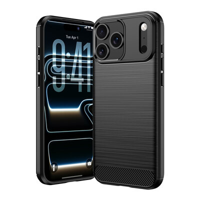 iPhone 18 Pro Max Hoesje - MobyDefend TPU Backcover - Geborstelde Metaal &amp; Carbon-Look - Zwart