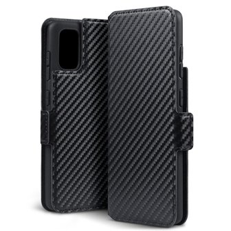 Samsung Galaxy A41 hoesje, MobyDefend slim-fit carbonlook bookcase, Zwart