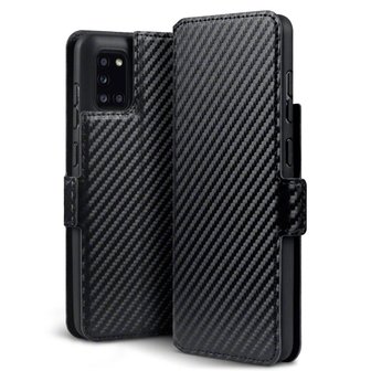 Samsung Galaxy A31 hoesje, MobyDefend slim-fit carbonlook bookcase, Zwart