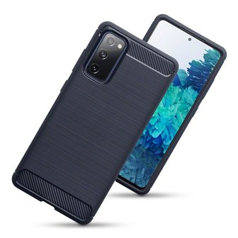 Samsung Galaxy S20 FE hoesje, Gel case geborsteld metaal en carbonlook, Navy blauw