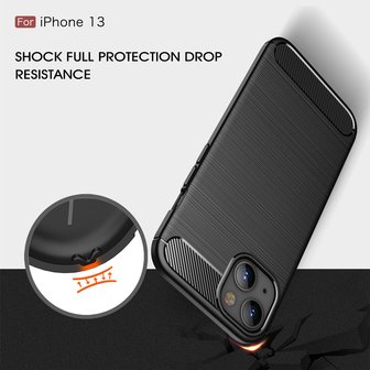iPhone 13 Hoesje, MobyDefend TPU Gelcase, Geborsteld Metaal + Carbonlook, Navy Blauw
