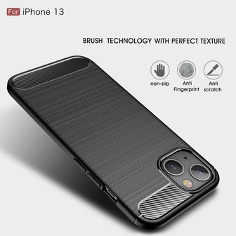 iPhone 13 Hoesje, MobyDefend TPU Gelcase, Geborsteld Metaal + Carbonlook, Navy Blauw