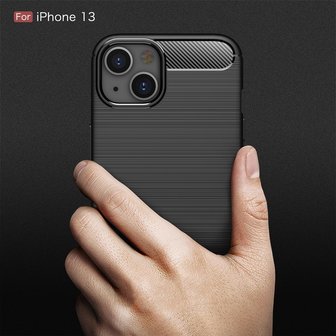 iPhone 13 Hoesje, MobyDefend TPU Gelcase, Geborsteld Metaal + Carbonlook, Navy Blauw