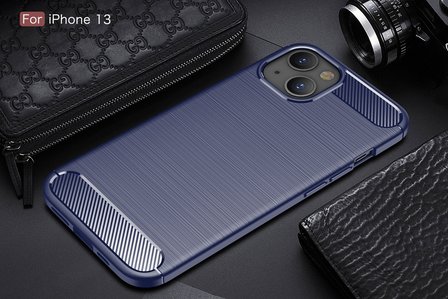 iPhone 13 Hoesje, MobyDefend TPU Gelcase, Geborsteld Metaal + Carbonlook, Navy Blauw