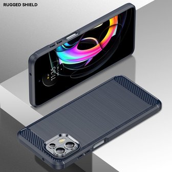 Motorola Edge 20 Lite Hoesje, MobyDefend TPU Gelcase, Geborsteld Metaal + Carbonlook, Navy Blauw