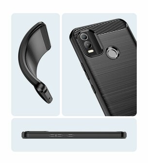 Nokia C21 Plus Hoesje, MobyDefend TPU Gelcase, Geborsteld Metaal + Carbonlook, Zwart