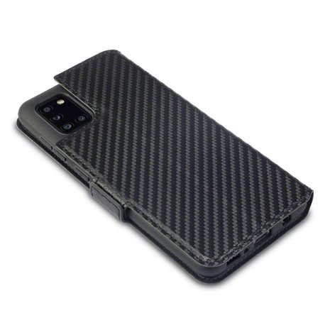 Samsung Galaxy A31 hoesje, MobyDefend slim-fit carbonlook bookcase, Zwart