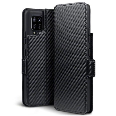Samsung Galaxy A42 hoesje, MobyDefend slim-fit carbonlook bookcase, Zwart