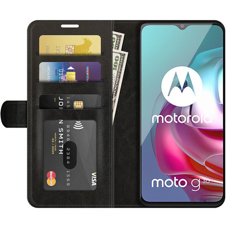 visueel Miniatuur Wennen aan Motorola Moto G30 / G20 / G10 hoesje, MobyDefend Wallet Book Case (Sluiting  Achterkant), Zwart