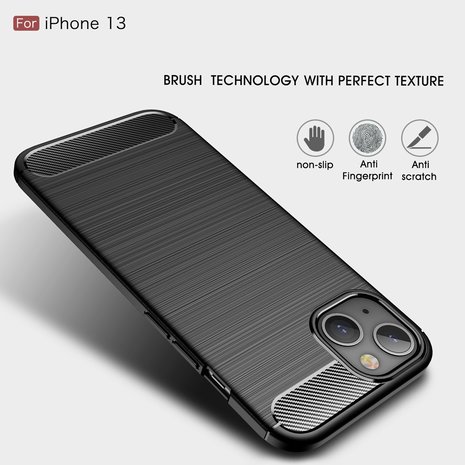 iPhone 13 Hoesje, MobyDefend TPU Gelcase, Geborsteld Metaal + Carbonlook, Navy Blauw