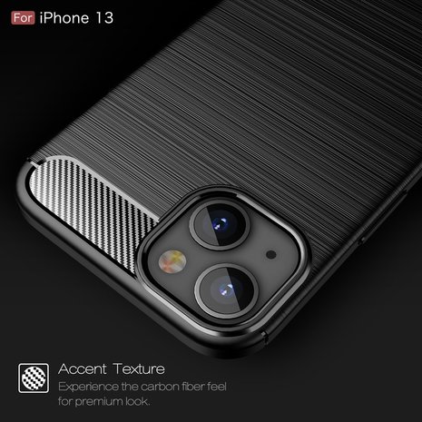 iPhone 13 Hoesje, MobyDefend TPU Gelcase, Geborsteld Metaal + Carbonlook, Navy Blauw