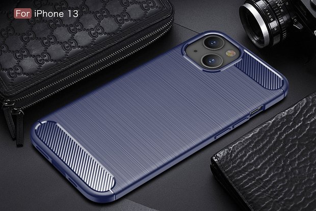 iPhone 13 Hoesje, MobyDefend TPU Gelcase, Geborsteld Metaal + Carbonlook, Navy Blauw