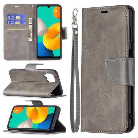 Samsung Galaxy M22 / Galaxy A22 4G Hoesje, MobyDefend Wallet Book Case Met Koord, Grijs