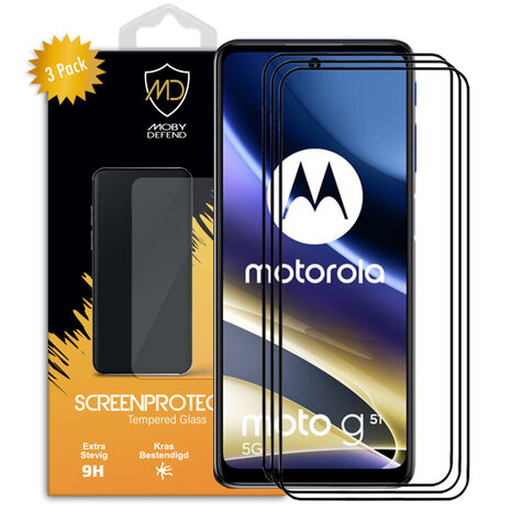 3-Pack Motorola Moto G51 Screenprotectors, MobyDefend Gehard Glas Screensavers, Zwarte Randen