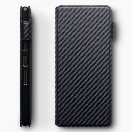 Sony Xperia 10 Plus hoesje, MobyDefend slim-fit carbonlook bookcase, Zwart