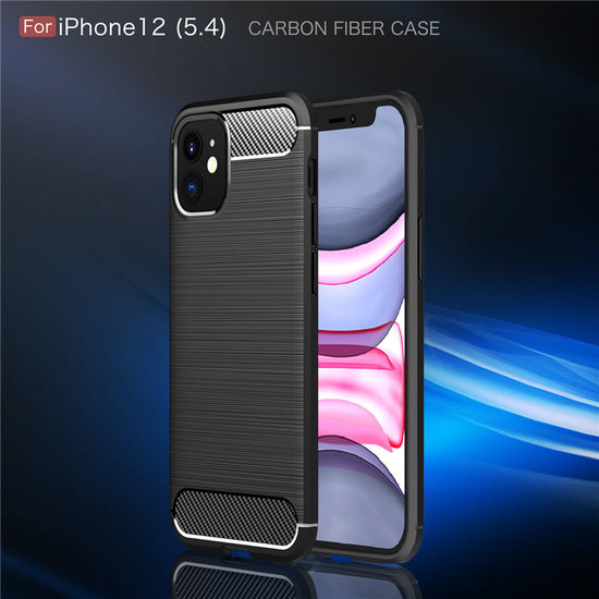 Apple iPhone 12 Mini hoesje, Gel case geborsteld metaal en carbonlook, Zwart