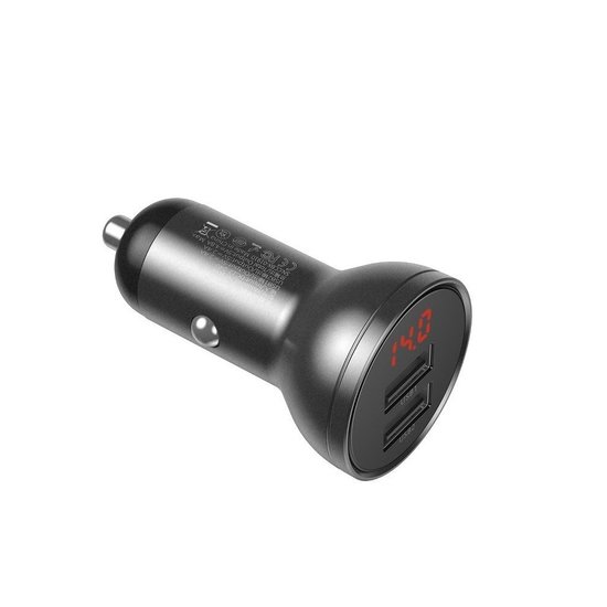 Baseus Car charger, Oplader met 2 USB-poorten en display, Grijs