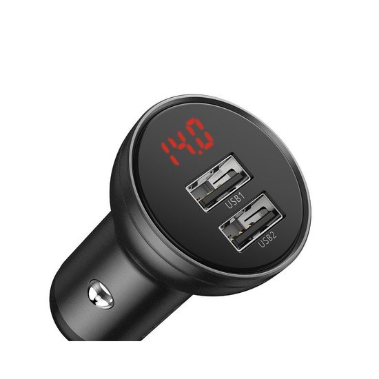 Baseus Car charger, Oplader met 2 USB-poorten en display, Grijs