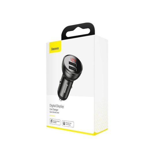 Baseus Car charger - Oplader met 2 USB-poorten en display - Grijs