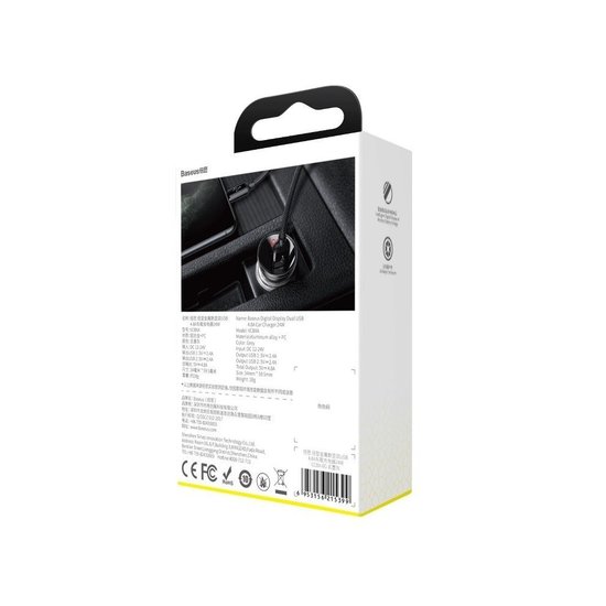 Baseus Car charger - Oplader met 2 USB-poorten en display - Grijs