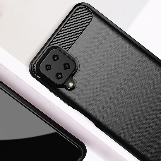 Samsung Galaxy A12 / M12 Hoesje - MobyDefend TPU Backcover - Geborstelde Metaal &amp; Carbon-Look - Zwart