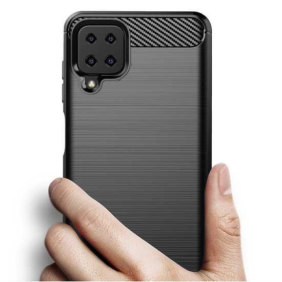 Samsung Galaxy A12 / M12 Hoesje - MobyDefend TPU Backcover - Geborstelde Metaal &amp; Carbon-Look - Zwart