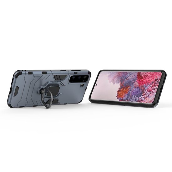 Samsung Galaxy S21 Hoesje - MobyDefend Dubbelgelaagde Pantsercase Met Standaard - Navy blauw