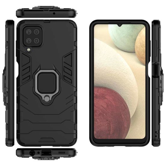 Samsung Galaxy A12 / M12 Hoesje - MobyDefend Dubbelgelaagde Pantsercase Met Standaard - Zwart