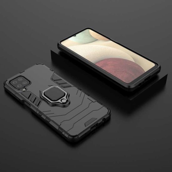 Samsung Galaxy A12 / M12 Hoesje - MobyDefend Dubbelgelaagde Pantsercase Met Standaard - Zwart