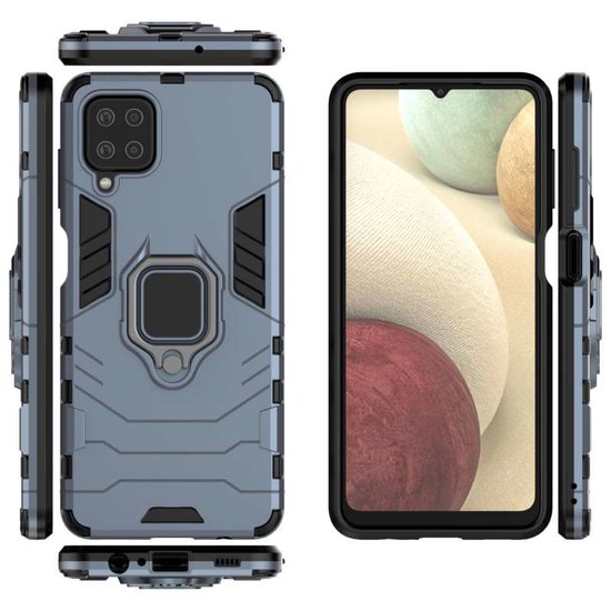 Samsung Galaxy A12 / M12 Hoesje - MobyDefend Dubbelgelaagde Pantsercase Met Standaard - Navy blauw